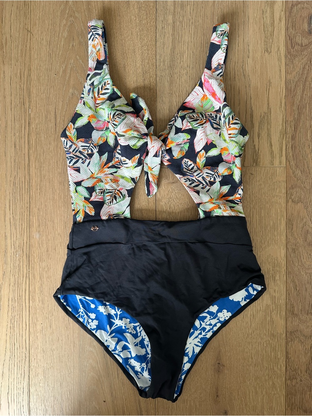 Maaji Black Forest Reversible Tie Front One Piece in Navy Blue and Print M